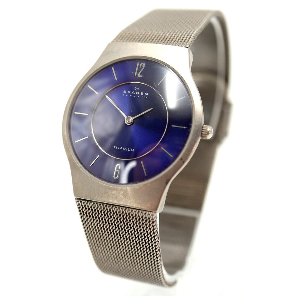 Skagen Titanium Slim Minimal Deep Blue 34mm Watch Unisex Mesh w New Battery